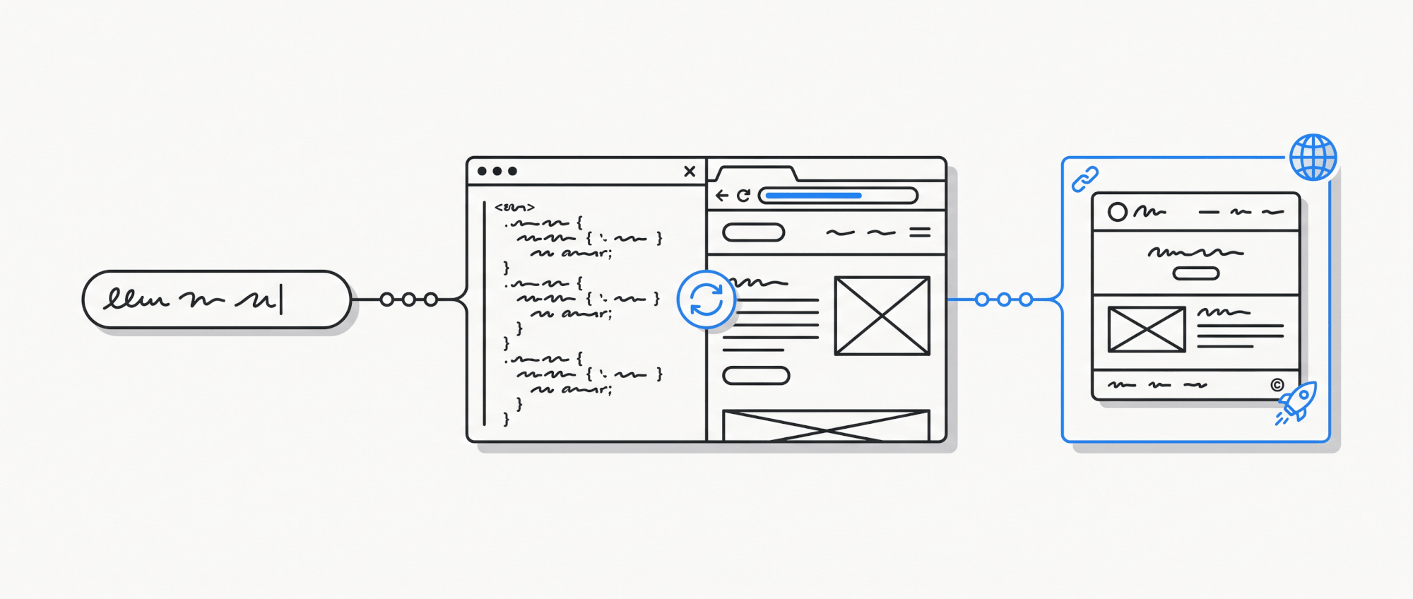A pipeline from prompt to code-with-preview to a published site with a domain