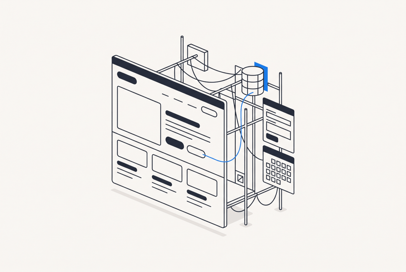 A beautiful webpage facade with visible working modules — form, calendar, database — wired behind it