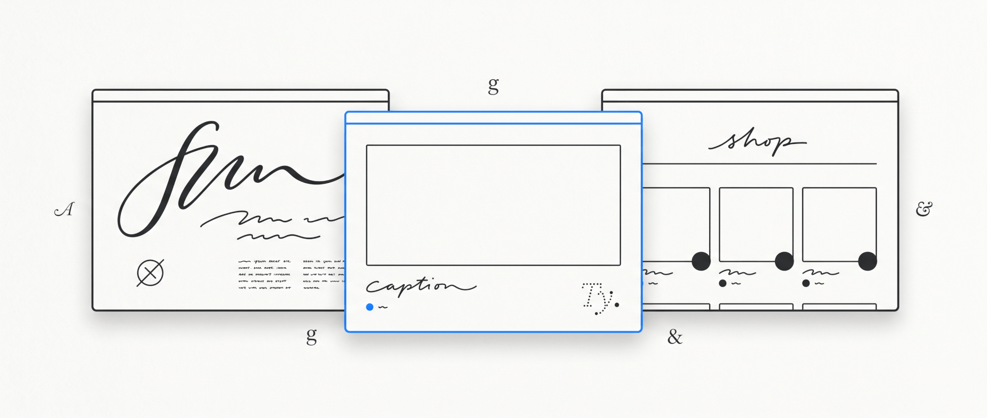 Three elegant minimal website frames in an overlapping row