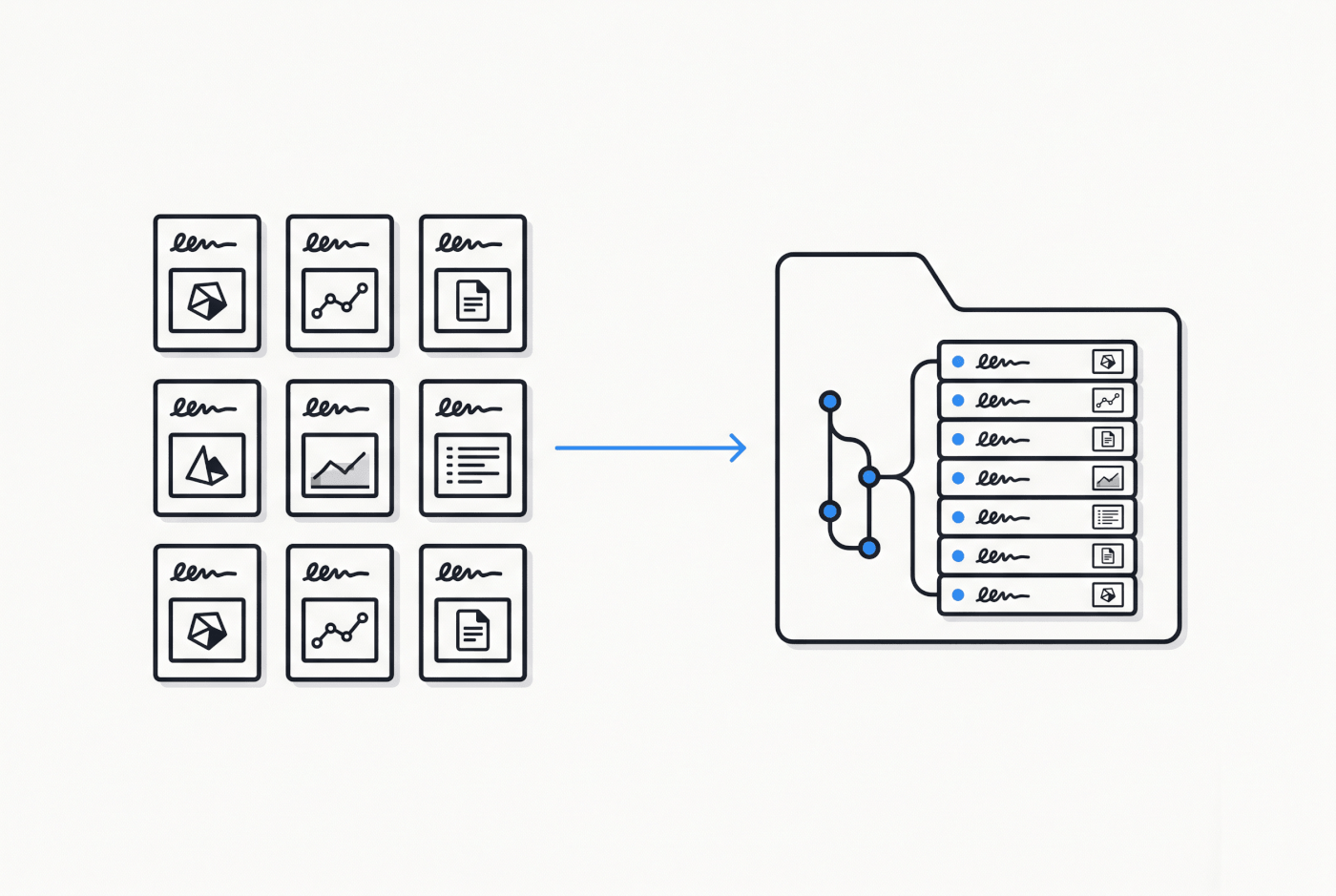 A grid of content entries flowing into a repository where they appear as tidy file rows