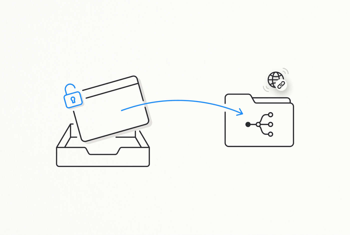 A website card with an open padlock moving from a platform tray into a git repository while staying live