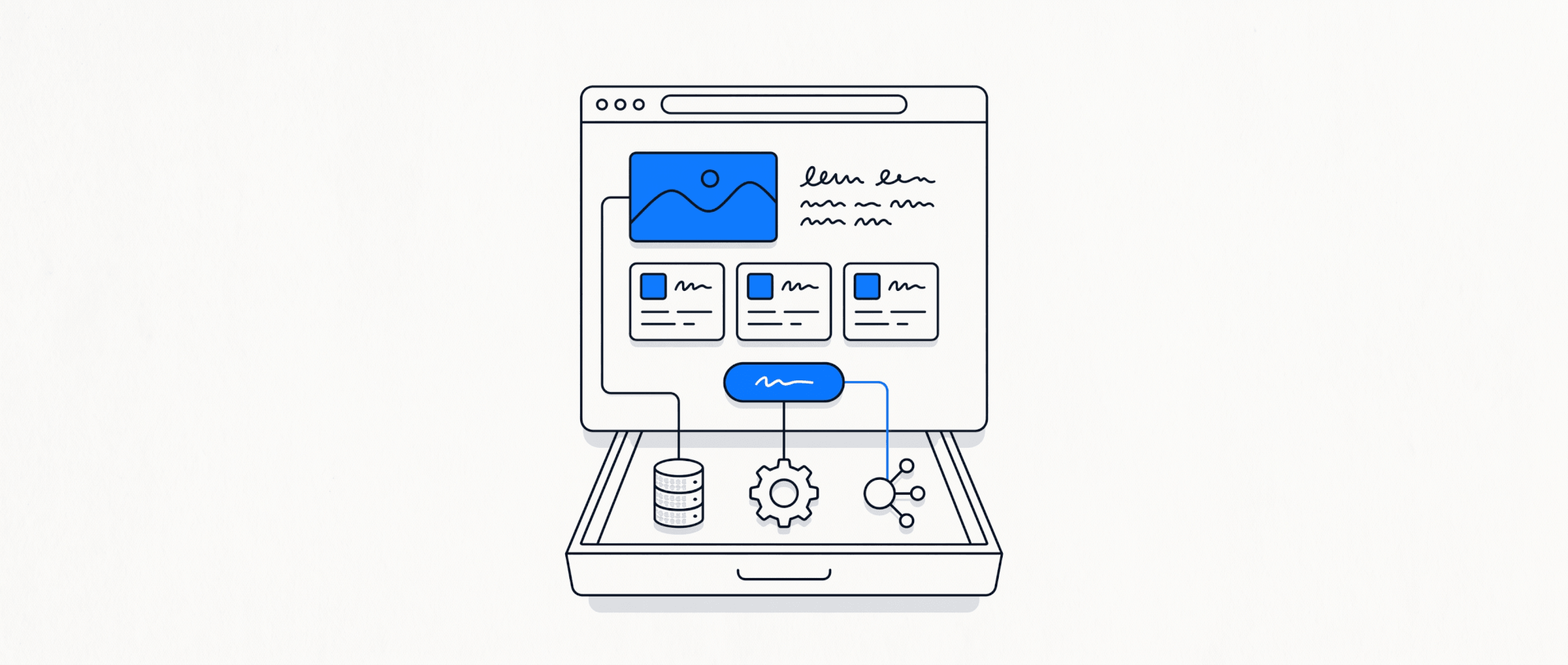 A clean business website with a pulled-out drawer revealing its database, logic, and API machinery