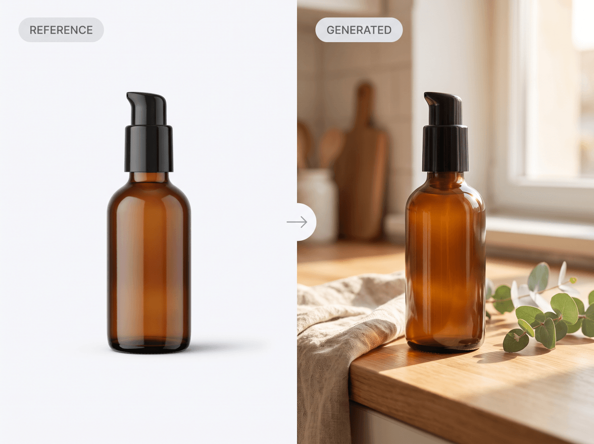 Image to image AI example: a product photo transformed into a warm lifestyle scene with the bottle unchanged