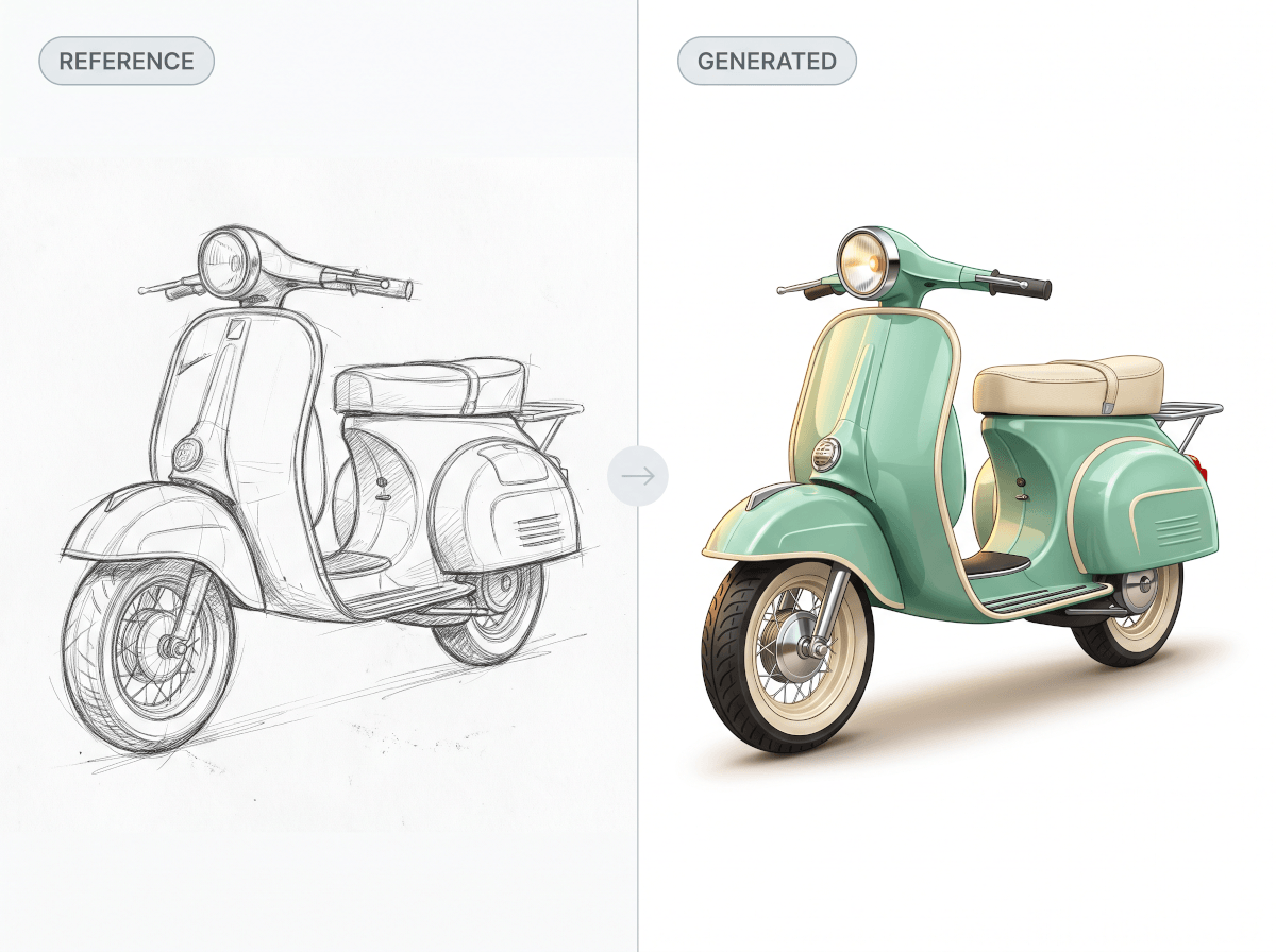 Image to image AI example: a rough pencil sketch turned into a finished full-color illustration
