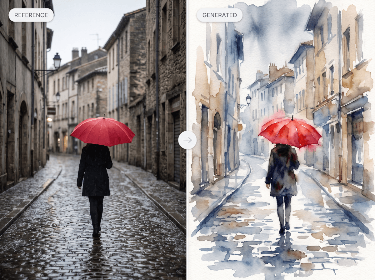 Image to image AI example: the same portrait photo redrawn as a watercolor illustration