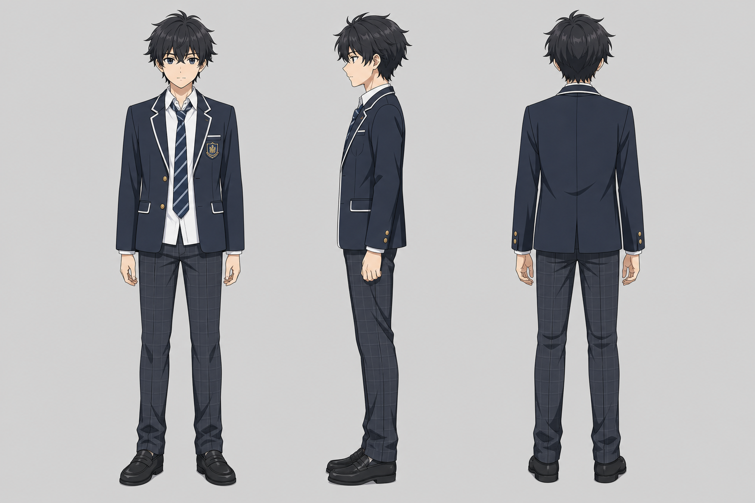 Six-panel character turnaround sheet
