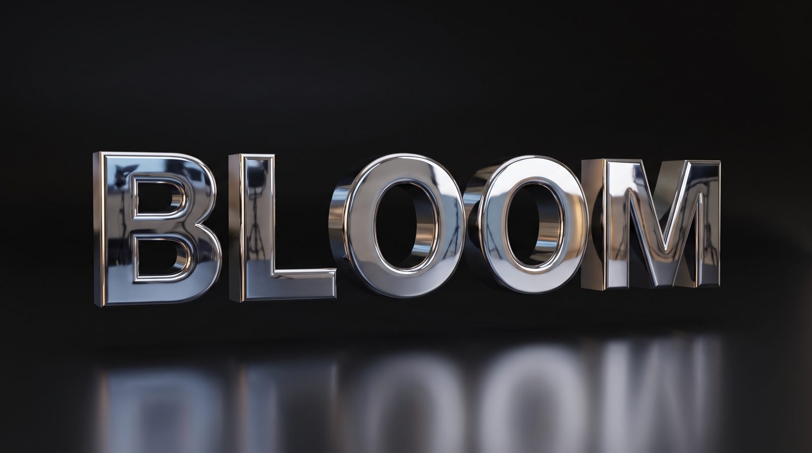 The word BLOOM as chrome 3D word art with mirror reflections