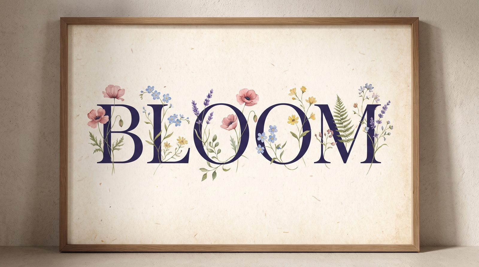 The word BLOOM as floral word art, serif letters woven with wildflowers