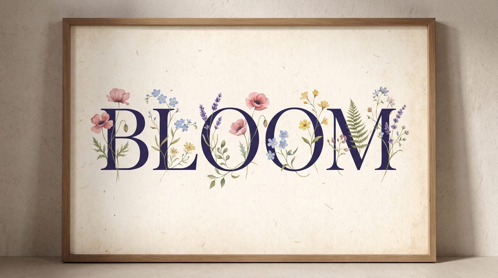 Floral word art of the word BLOOM — the soft lettering style that suits classroom and reading-corner prints