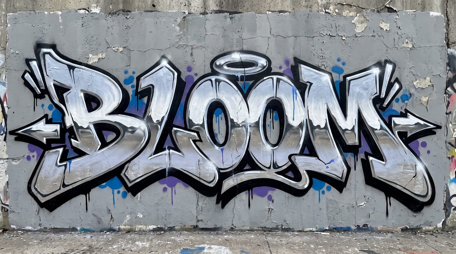 The word BLOOM as graffiti word art with chrome fill and paint drips