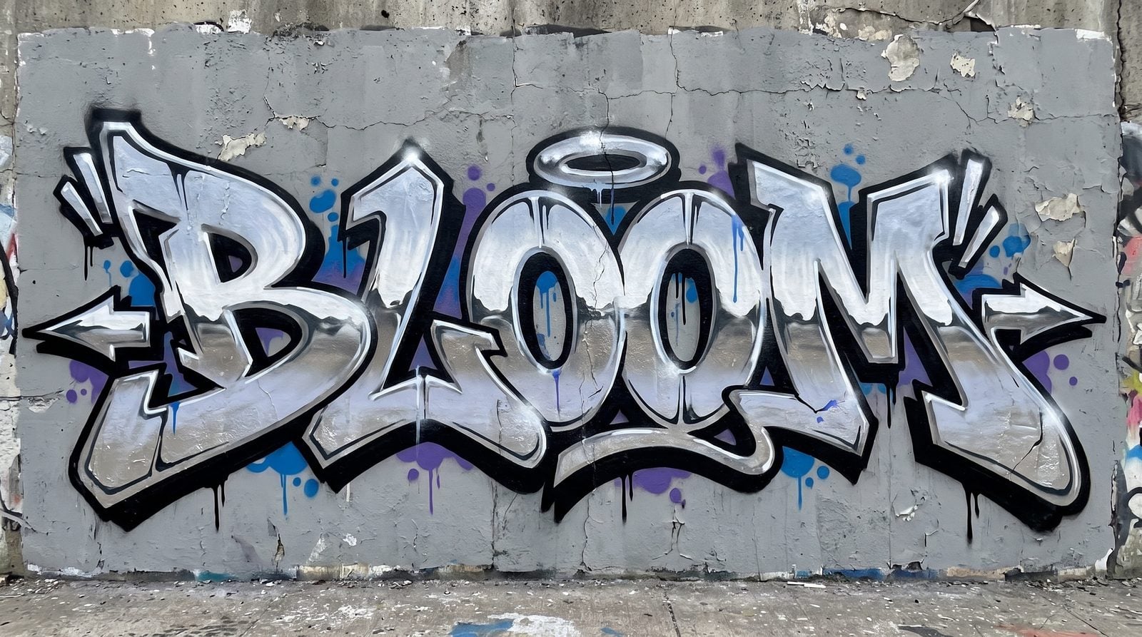 Graffiti word art of the word BLOOM with chrome fill — the style used for apparel and merch drafts