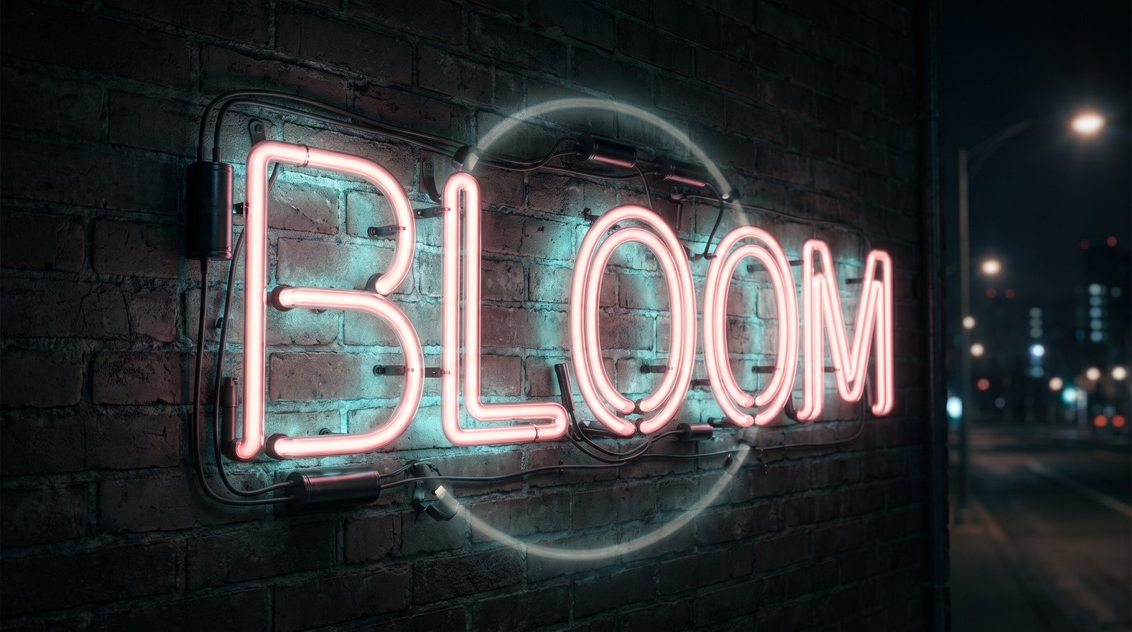 The word BLOOM as retro neon sign word art glowing on dark brick