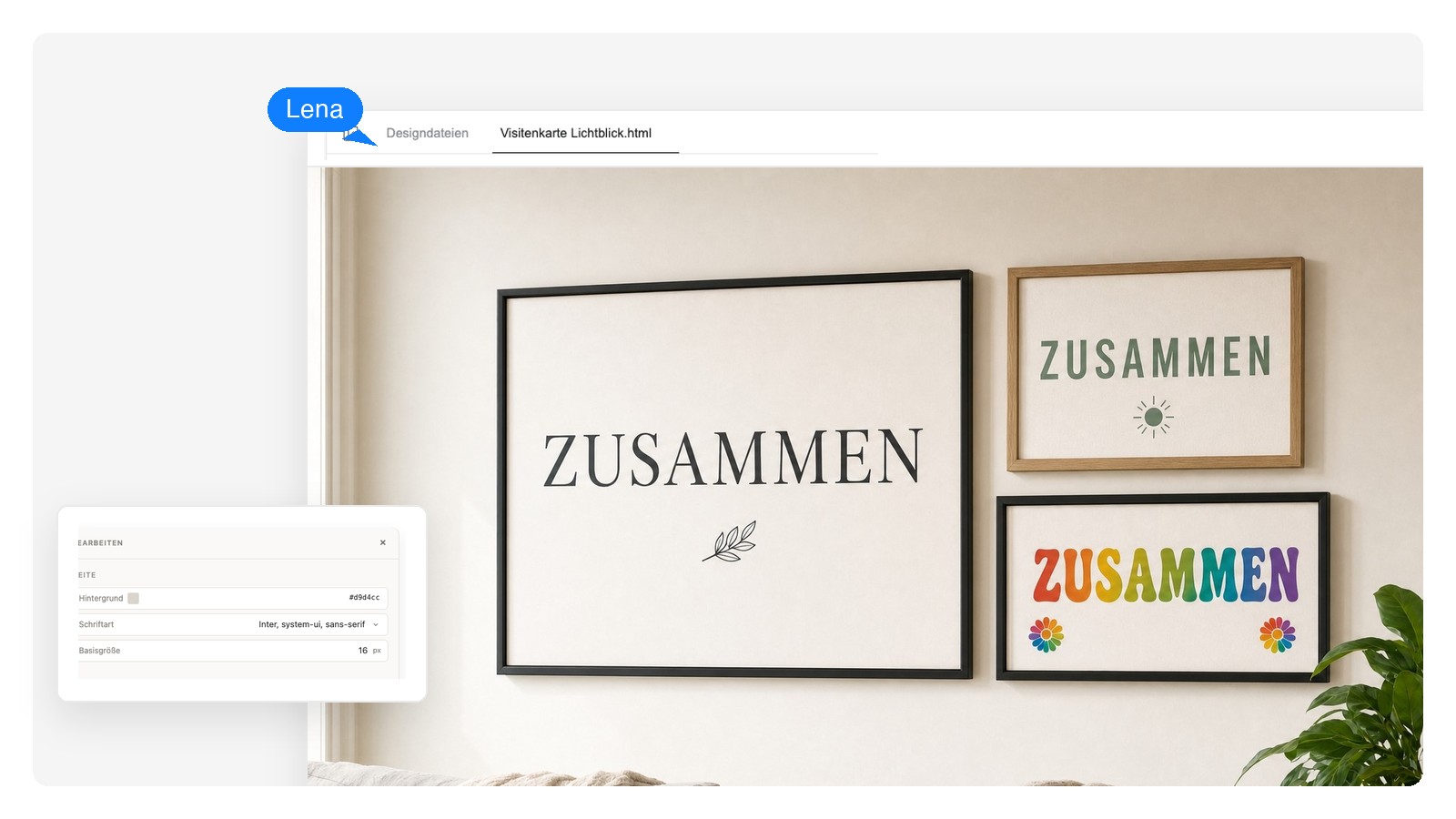 Gerahmte WordArt-Drucke an einer Galeriewand im Wohnzimmer