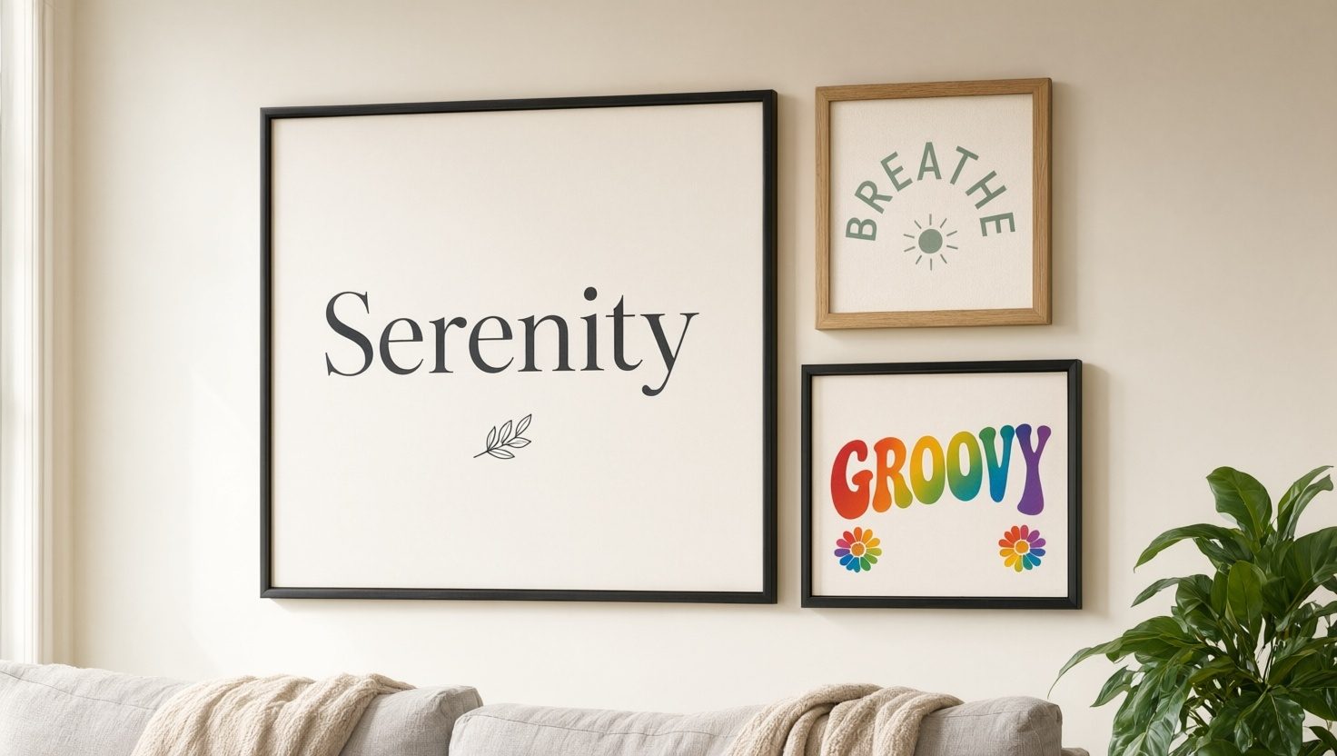 Framed word art prints hanging on a living-room gallery wall