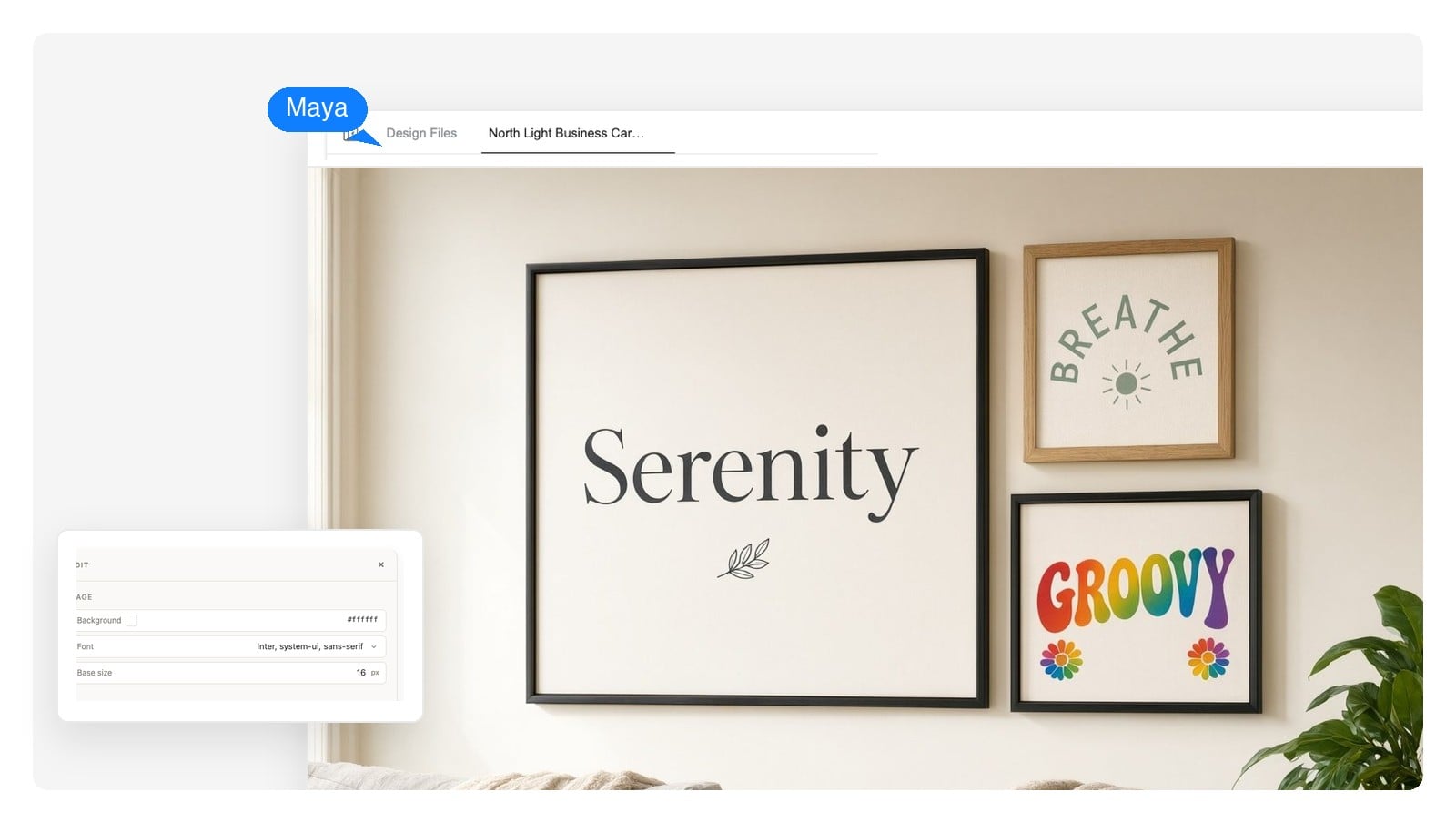 Framed word art prints hanging on a living-room gallery wall