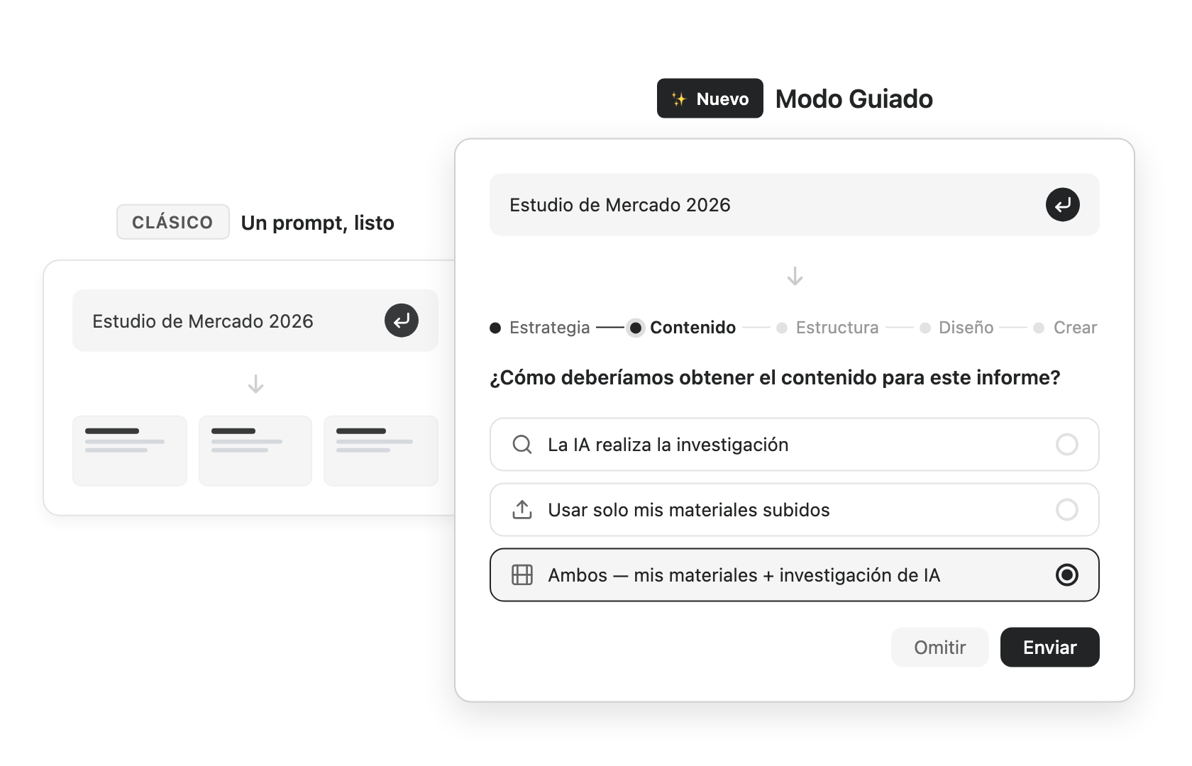 Comparacion Un prompt y listo vs Modo Guia