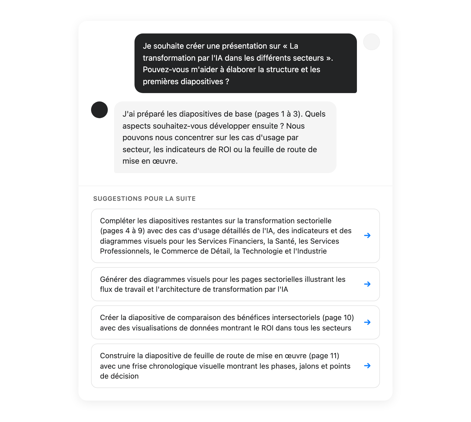Interface de suggestions IA montrant les prochaines etapes