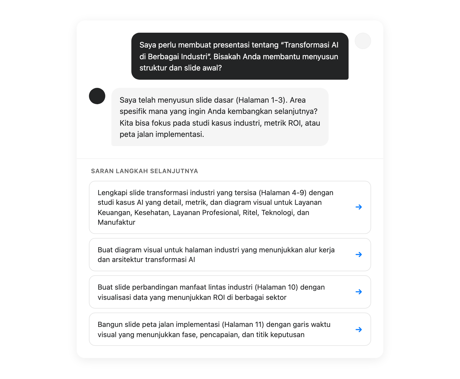 Antarmuka saran AI yang menampilkan langkah selanjutnya
