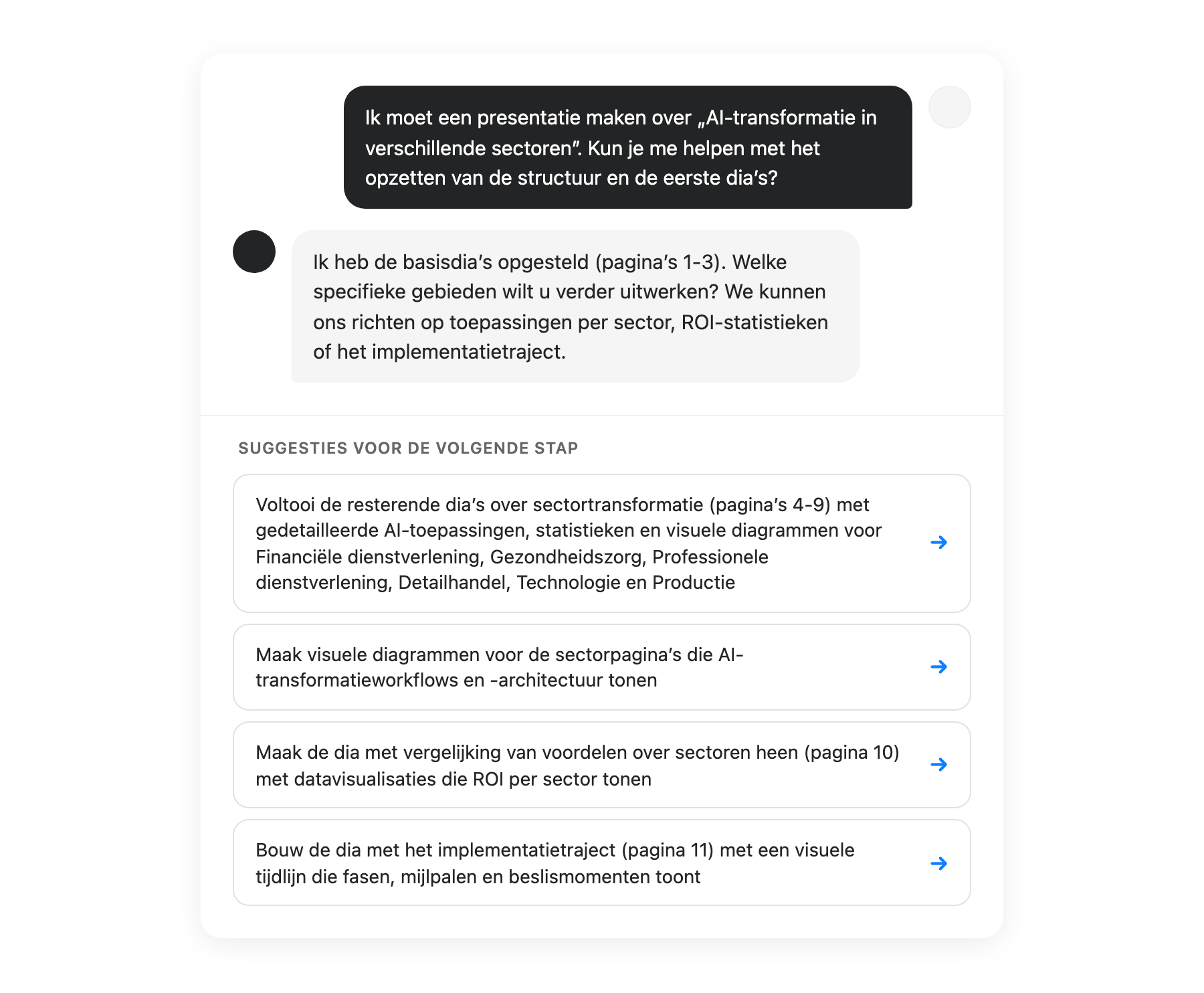 AI-suggestie-interface met volgende stappen