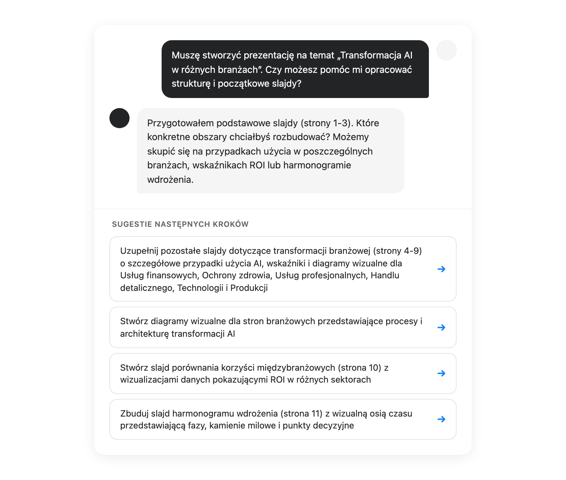 Interfejs sugestii AI pokazujący następne kroki