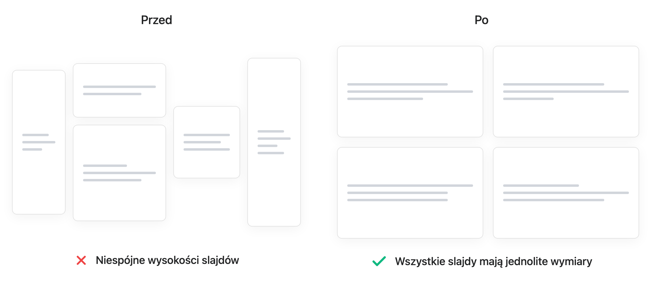 Slajdy prezentacji pokazujące spójne proporcje