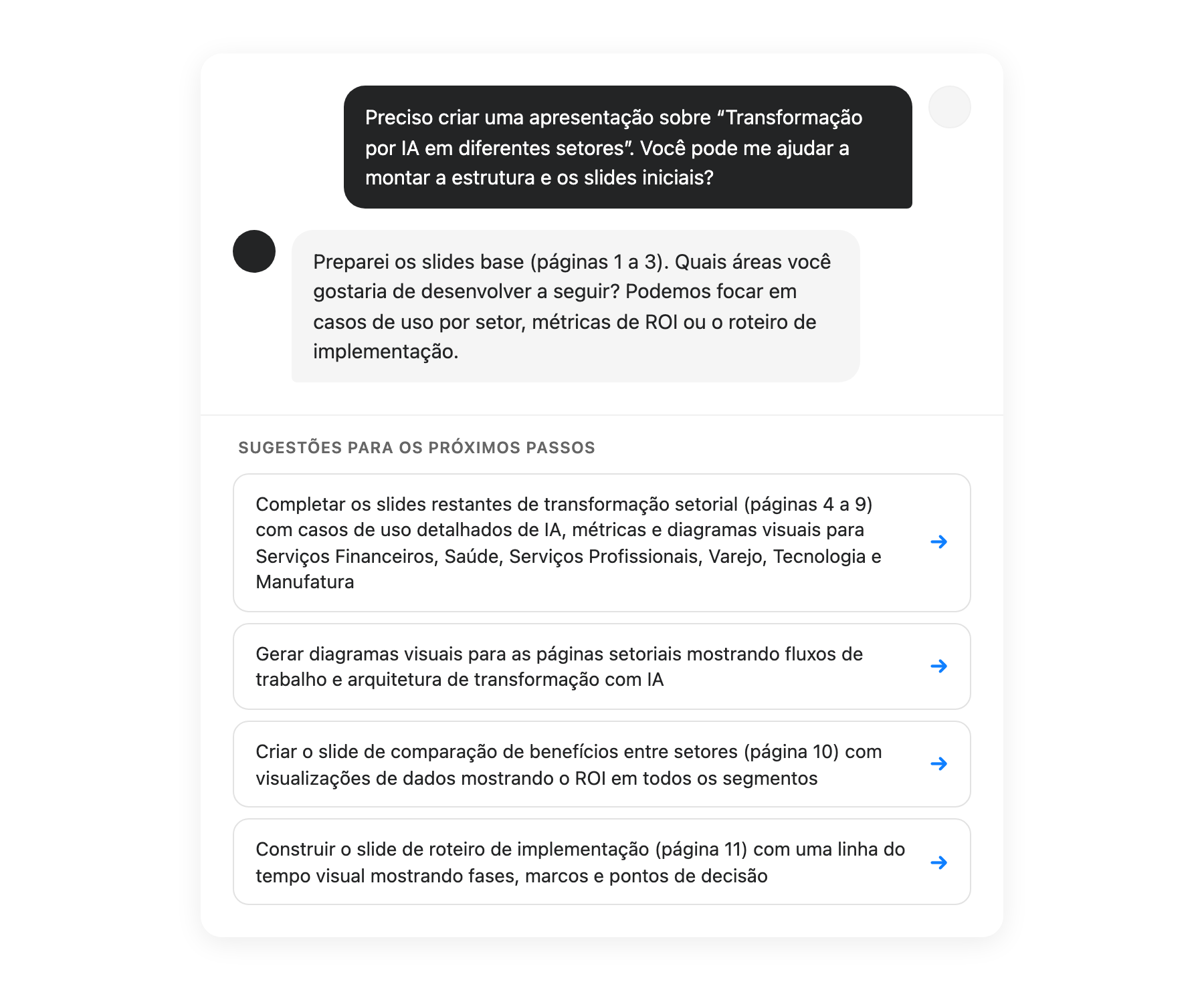 Interface de sugestoes de IA mostrando proximos passos