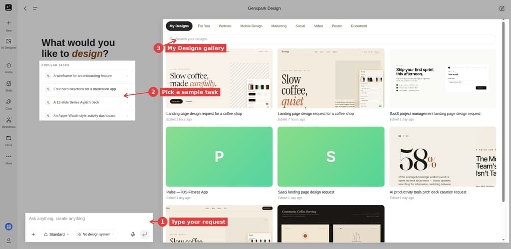 Design home page: the input box, Popular Tasks examples, and the My Designs gallery