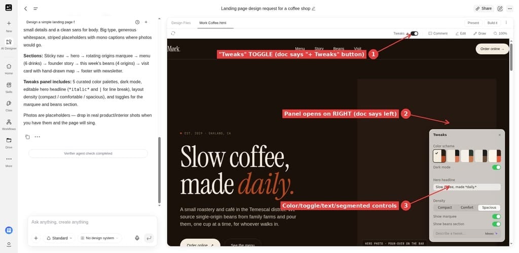 Tweaks: the top-right toggle opens the right-side Tweaks panel