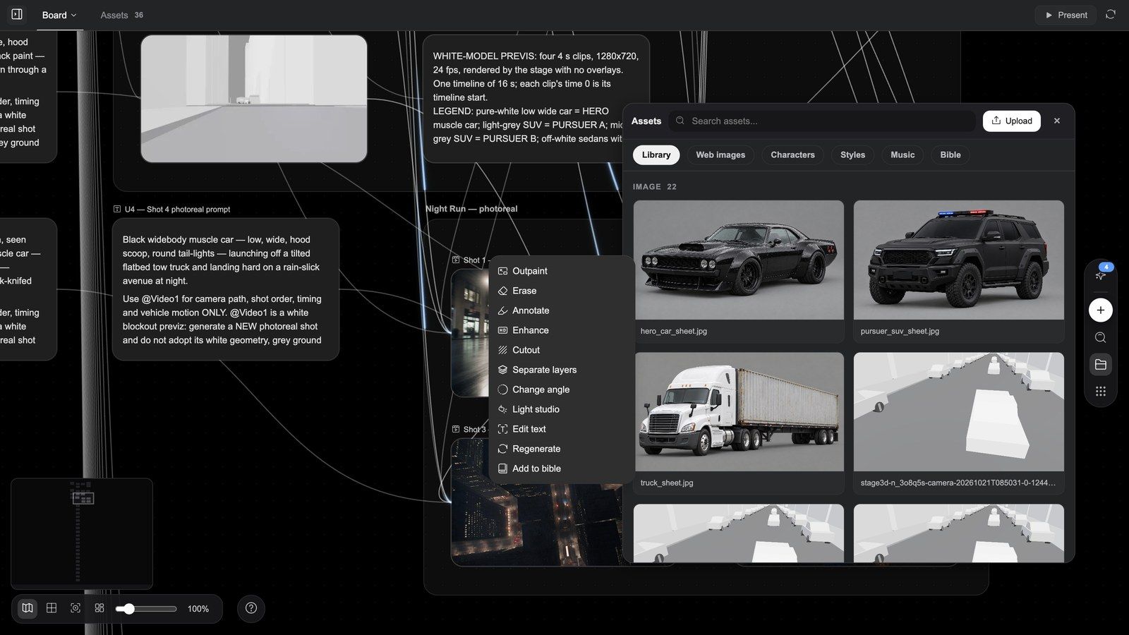The Assets panel: Library / Web images / Characters / Styles / Music / Bible sources and the asset grid