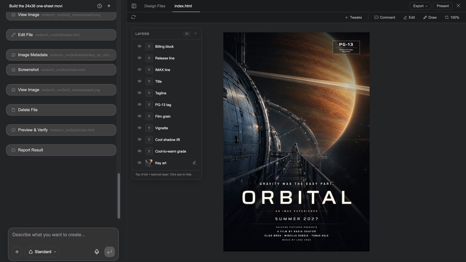 Design Studio: the conversation on the left, the poster page on the right, the Layers panel with per-layer visibility, the Export menu