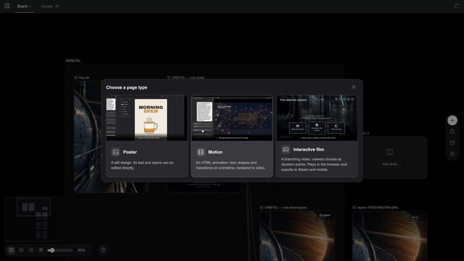 Choose a page type: the Poster / Motion / Interactive film cards, each previewing on hover