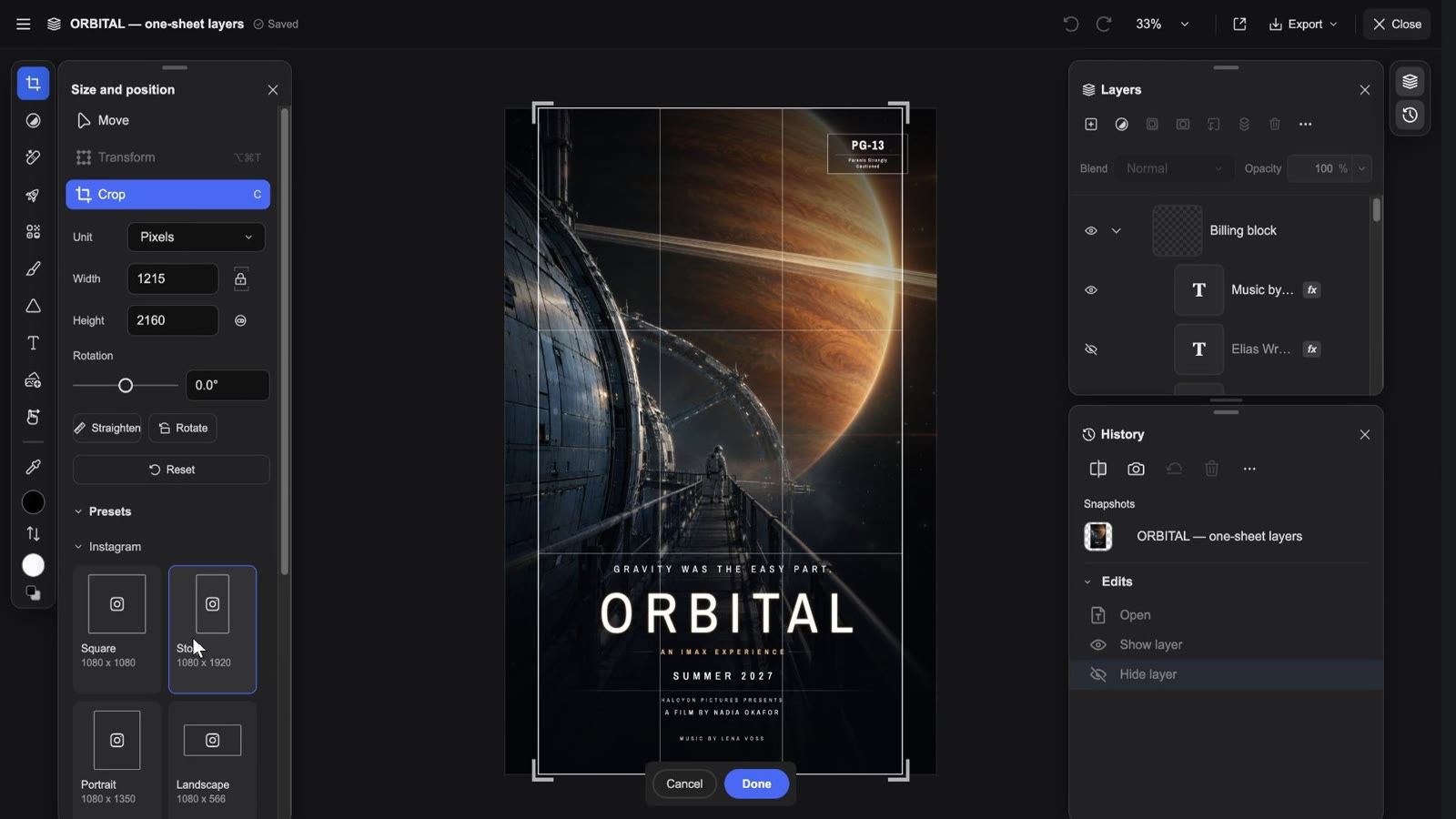 The layer editor: tool rail on the left, canvas in the middle, Layers panel and Export menu on the right