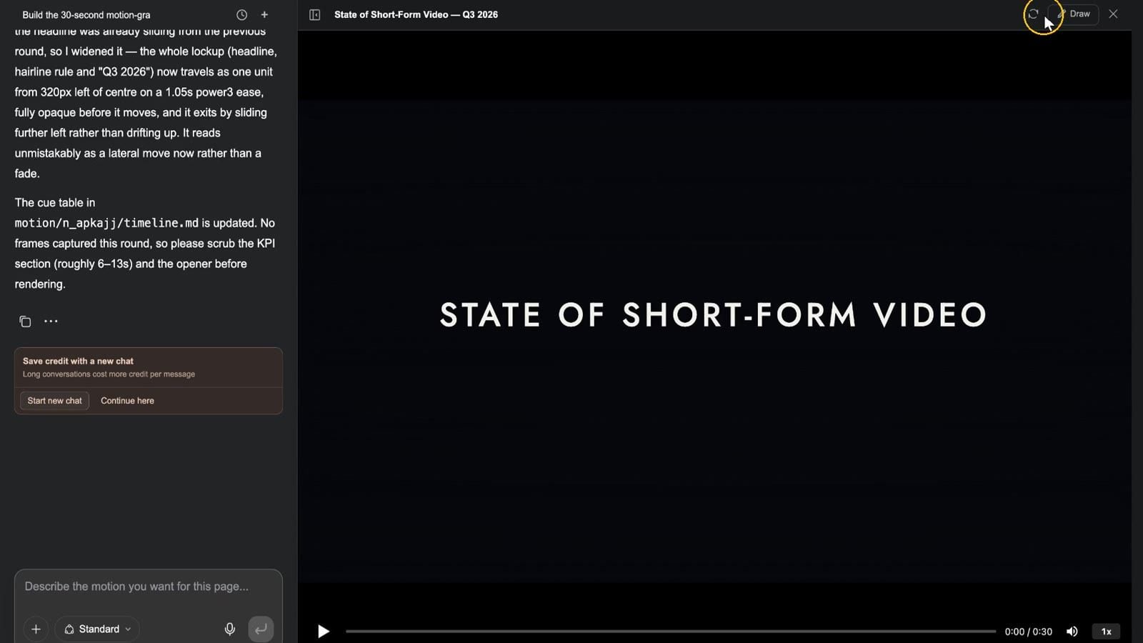 Motion Studio: the change request and the agent's reply on the left, the preview player on the right