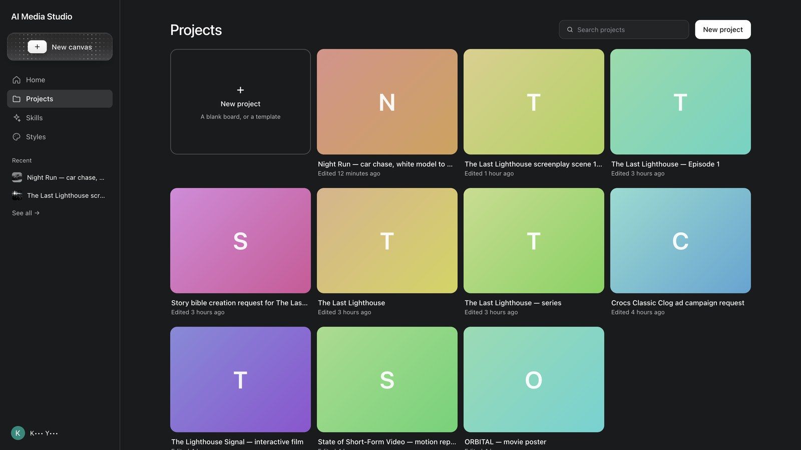 Projects: search, New project, and project cards with covers and last-edited times