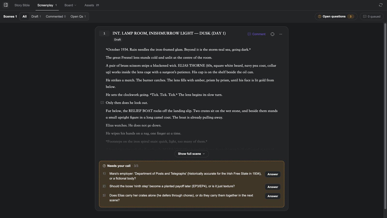 The Screenplay tab: the scene card for scene 1, its Needs your call list, Open questions and the queue counter at the top right