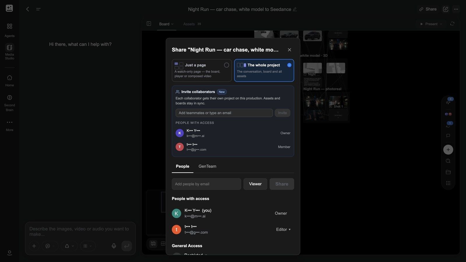The Share dialog: Just a page / The whole project, Invite collaborators and General Access