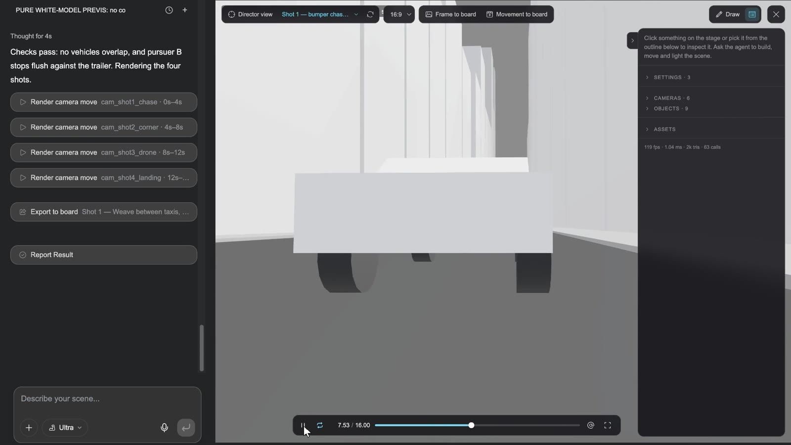 The 3D director stage: the conversation with Render camera move cards on the left, the white-model viewport, the top bar with Director view / Camera view / Frame to board / Movement to board, and the Inspector on the right