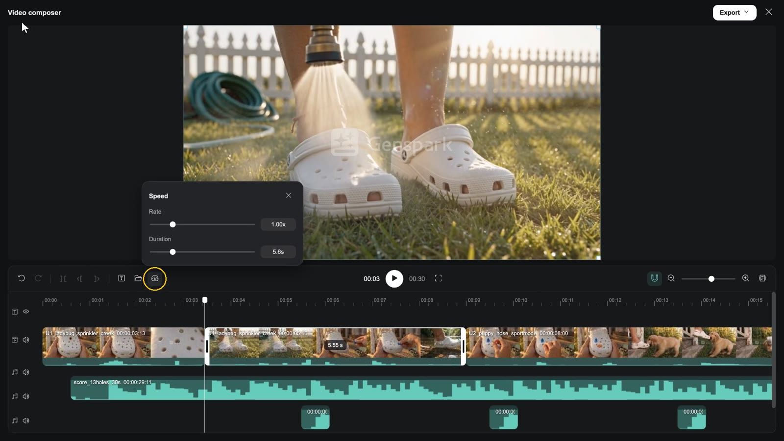 Komposer video: pratinjau, toolbar dek, lajur subtitle / video utama / audio, menu Ekspor di kanan atas