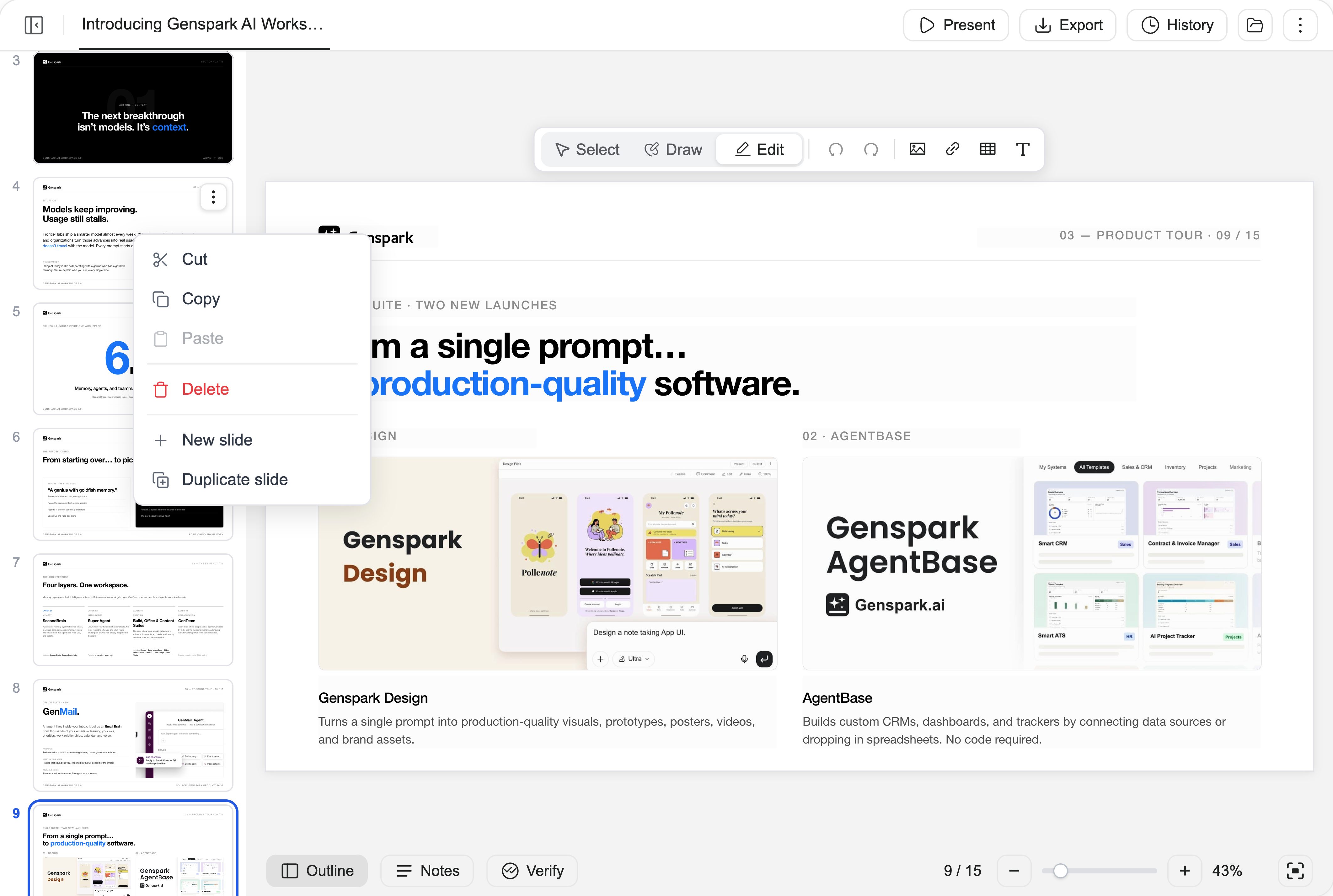 Right-click a thumbnail to add, duplicate, or rearrange pages