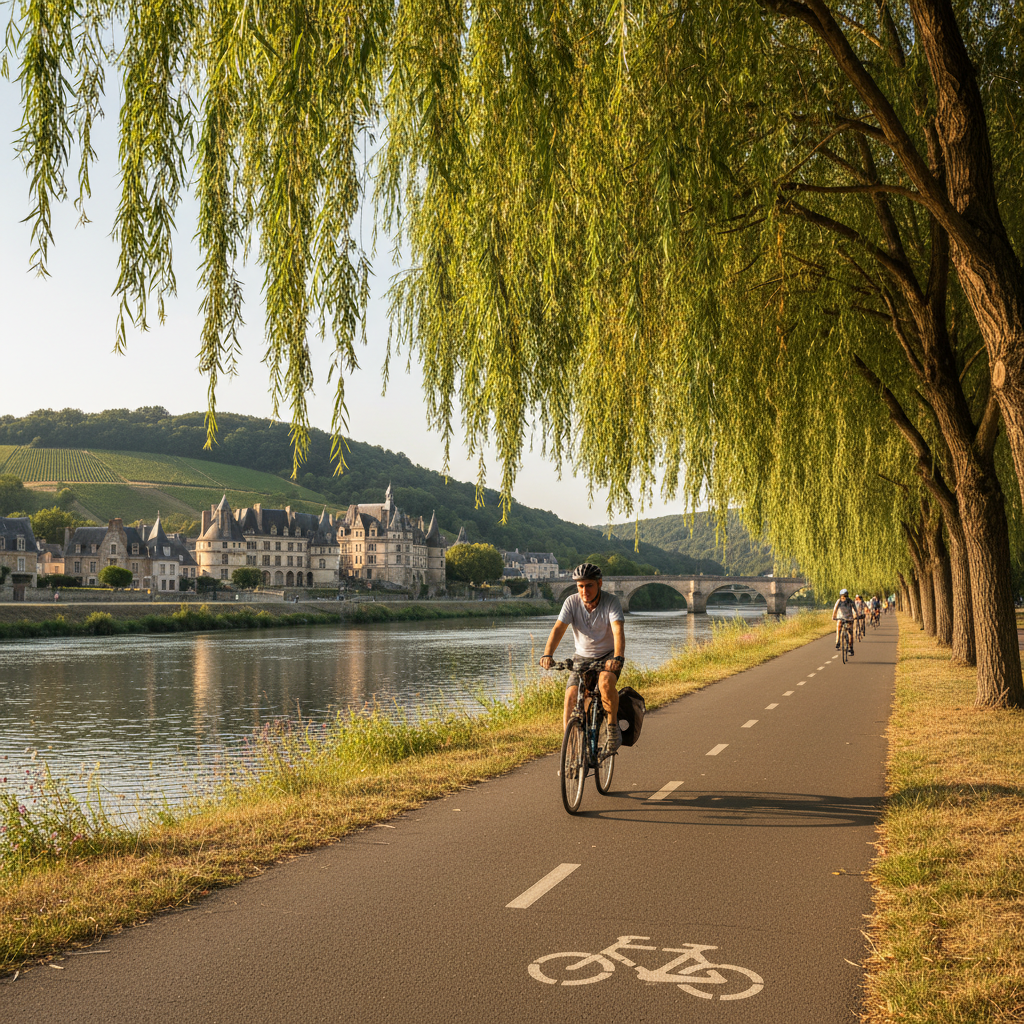 Scenic Loire River cycling path with cyclist on riverside trail, willow trees and traditional Loire Valley architecture in background