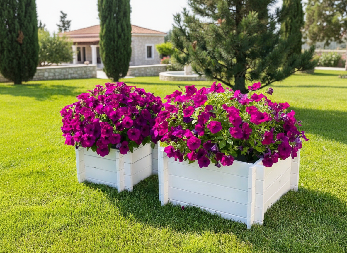 White planter boxes with flowers