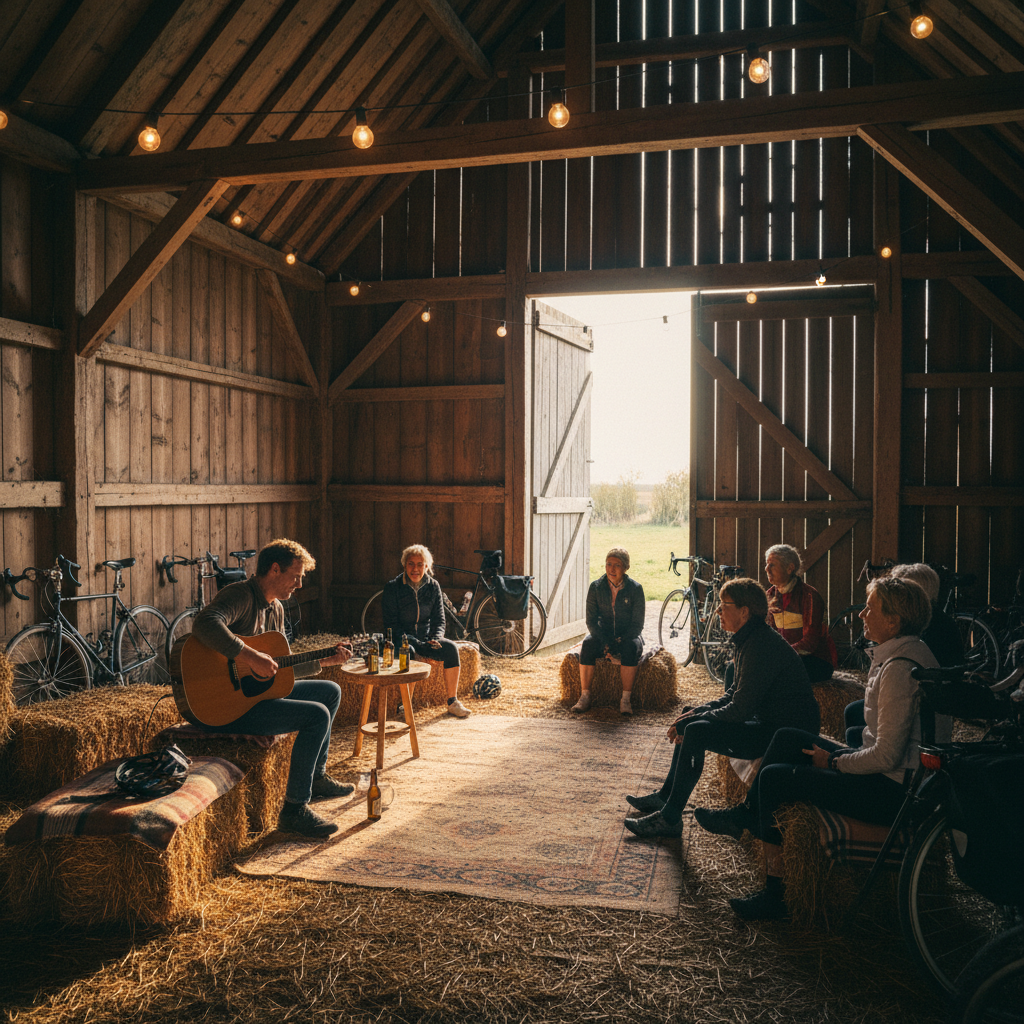 Intimate acoustic music performance in traditional Dutch barn with cyclists watching, bikes leaning against barn walls