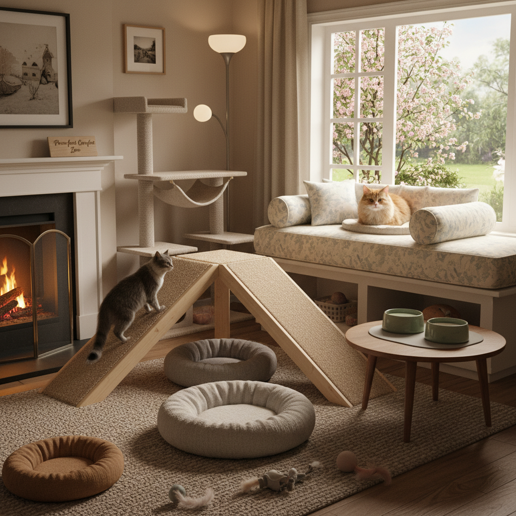 Cat-friendly home modifications including ramps, elevated bowls, and comfortable bedding