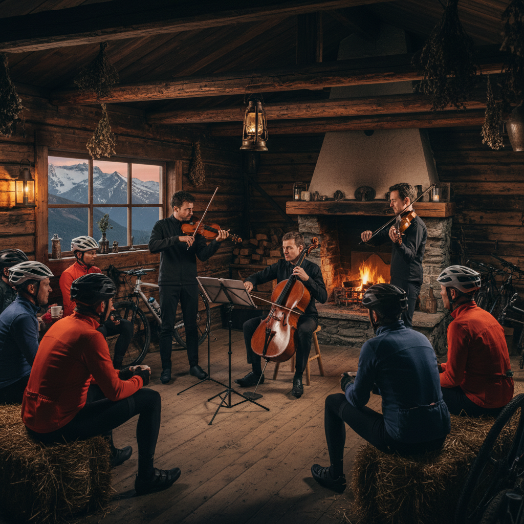 Classical music performance in traditional Swiss mountain hut with cyclists audience, string quartet in rustic wooden interior