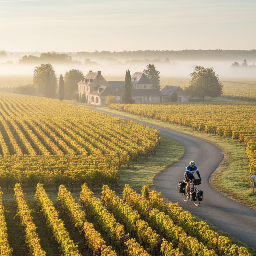 Cyclist riding through Loire Valley vineyards with rows of grapevines and traditional wine estate buildings in French countryside