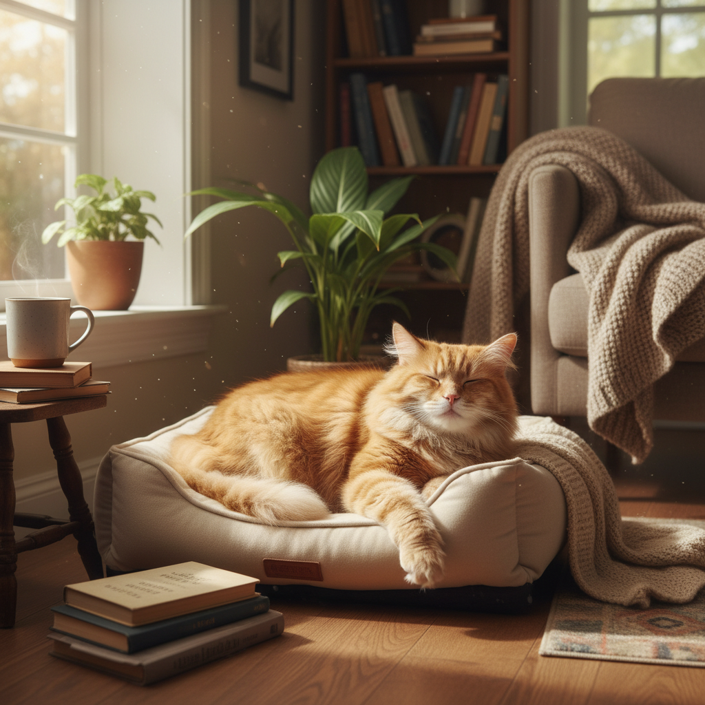 Happy senior cat resting comfortably on orthopedic bed after successful arthritis treatment