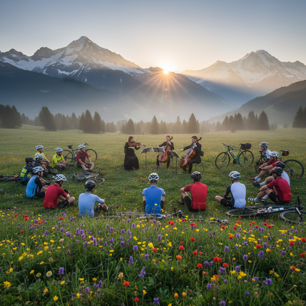 Sunrise classical music performance in Swiss Alpine meadow with cyclists gathered around musicians, mountain peaks catching first light