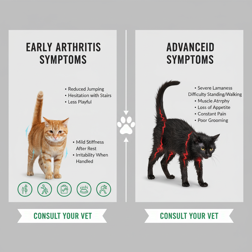 Side-by-side comparison showing cats with early and advanced arthritis symptoms