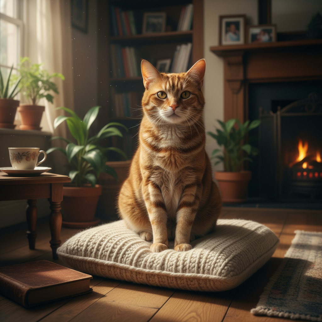 Senior orange tabby cat showing early signs of arthritis while resting on soft cushion
