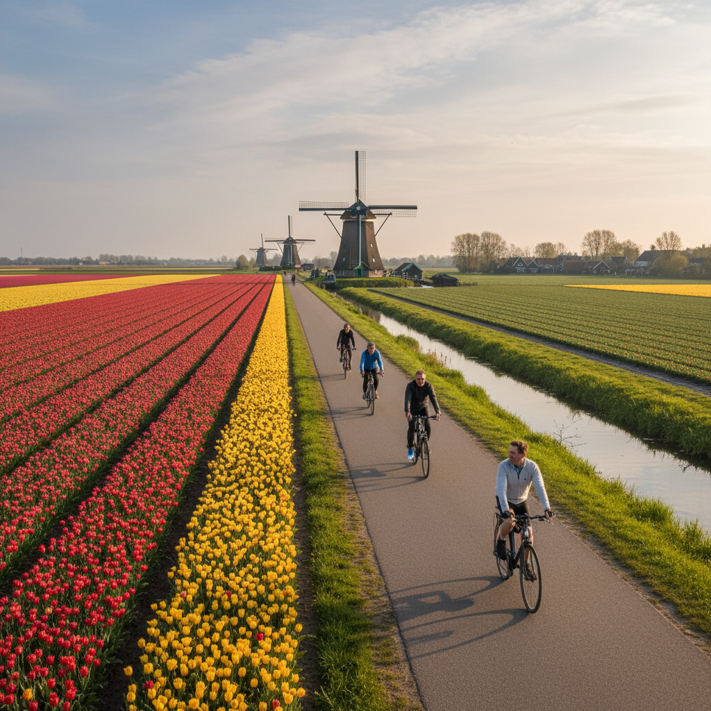Cyclists riding through classic Dutch countryside with iconic windmills in background and tulip fields
